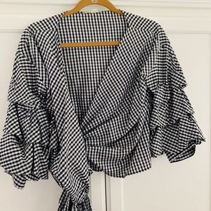 Gianni Bini black white gingham wrap blouse Xs